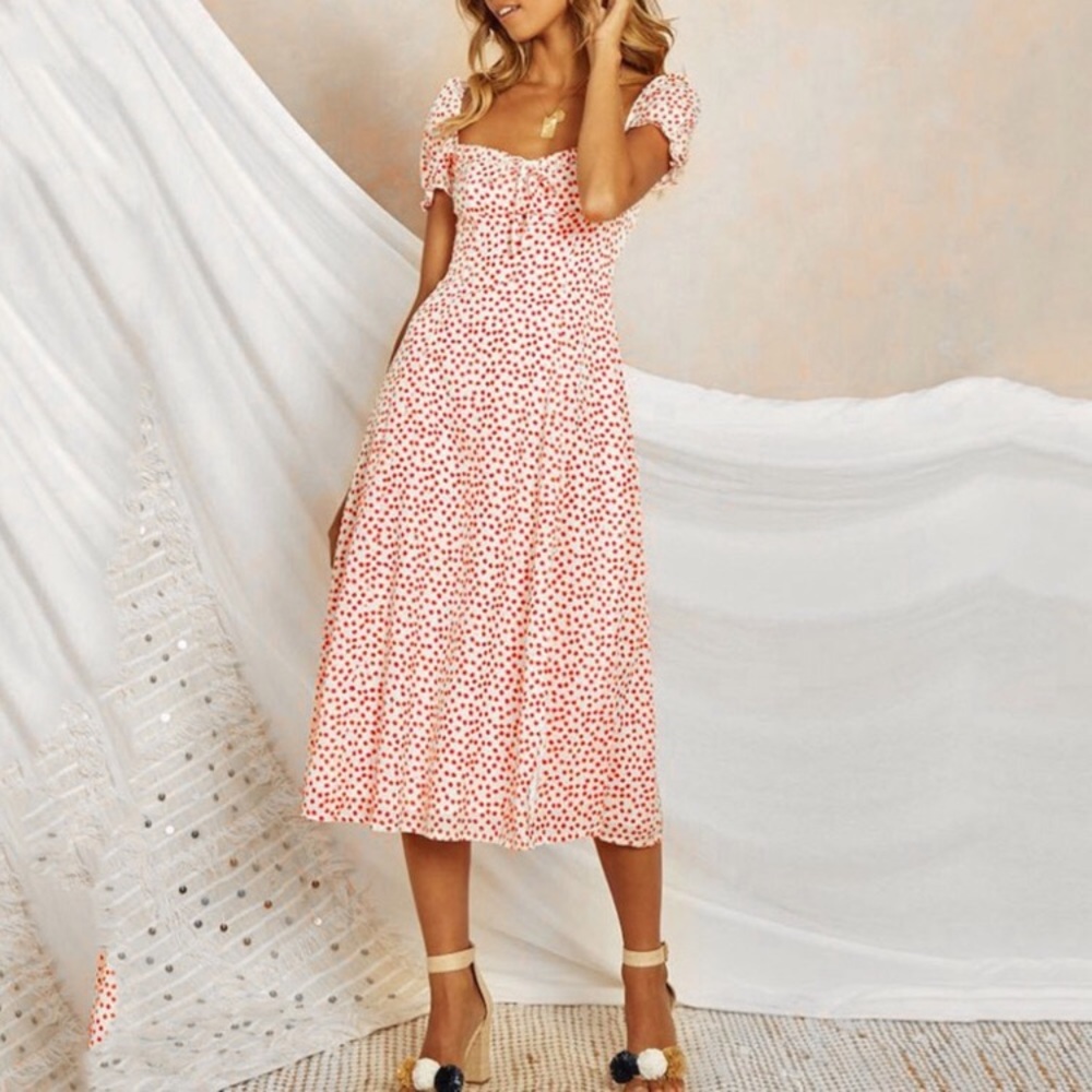 Red Floral Square Neck Puff Sleeve Midi Dress